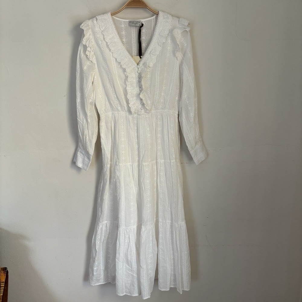 NEW‎ Dress Forum Eyelet Lace Ruffled Tiered Midi Dress Modest Cottagecore M